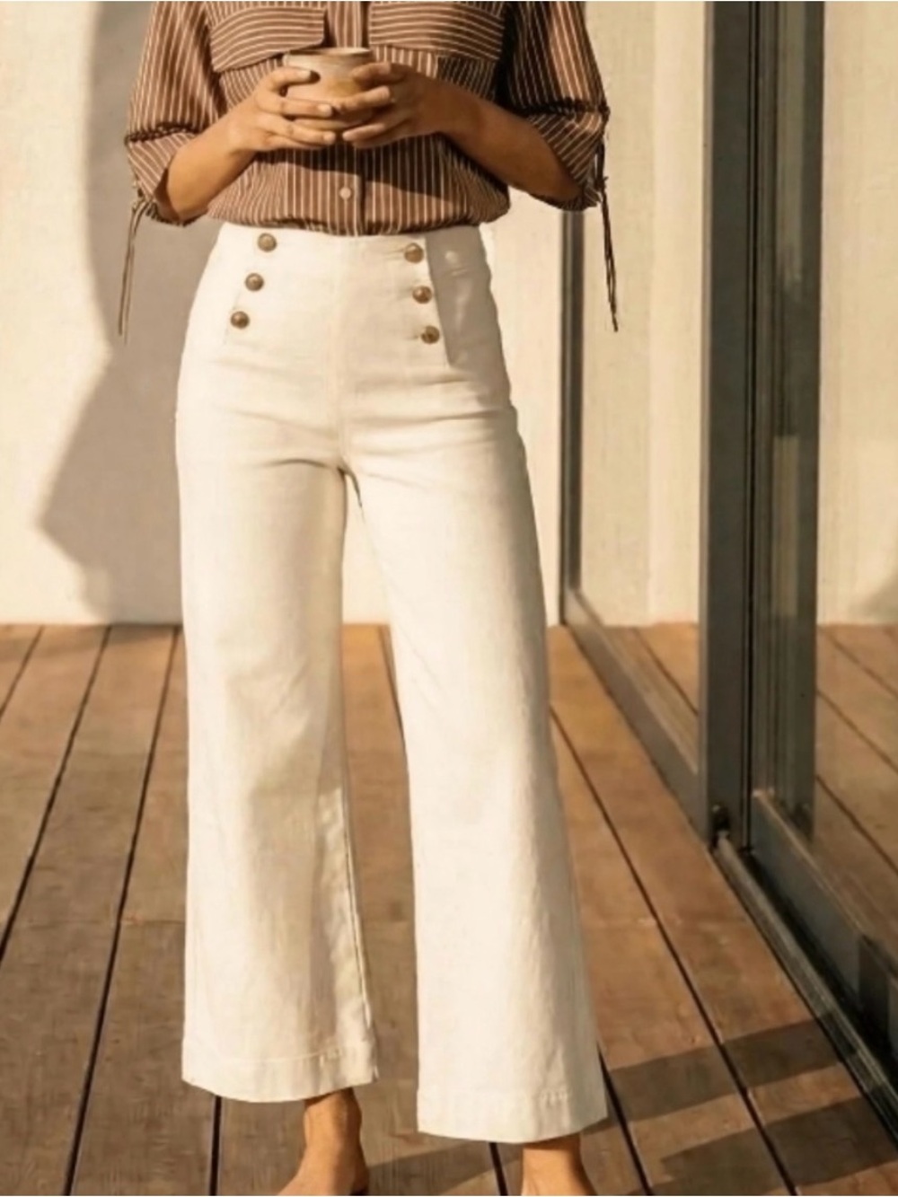 High-Waist Cream Wide-Leg Sailor Pants